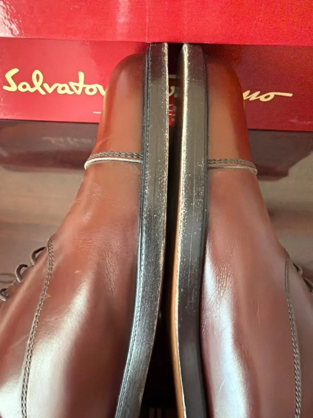 VTG Salvatore Ferragamo "Torre" Men's Tan Leather Cap Toe Oxfords Sz 10 w/Box - Picture 8 of 16